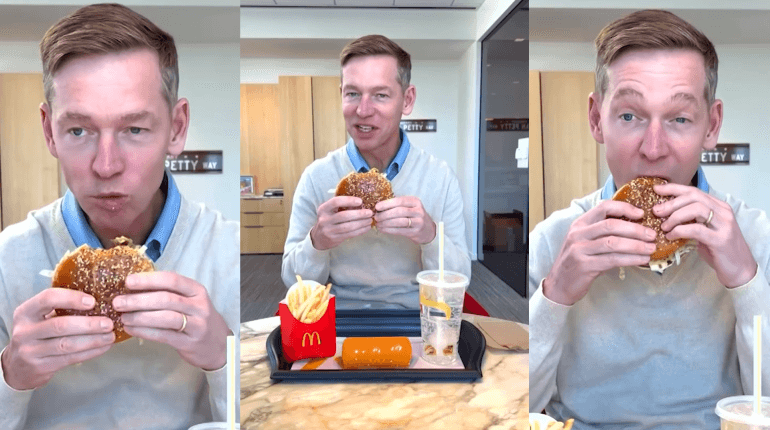 McDonald’s CEO mocked for weirdly ‘eating’ new burger