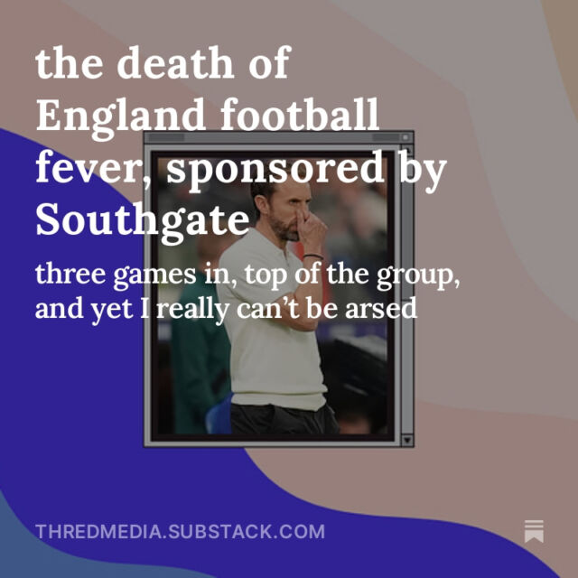 In the build-up to this year’s Euros, there was a distinct difference in feeling among England fans. Having previously revelled in our comfy underdog mentality and self-deprecation other nations mistook for arrogance (It’s coming home), we arrived in Germany as odds-on-favourites, with France, to win the thing.

Read more on our substack, link in bio!

#England #euros #Southgate #football