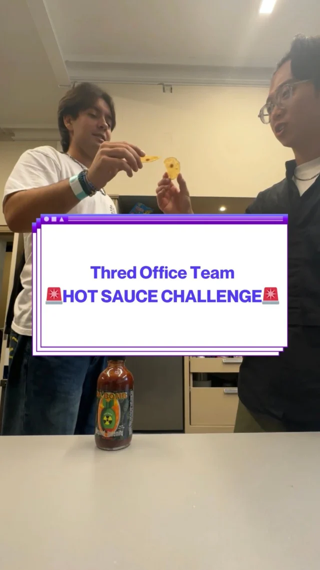 🚨HOT SAUCE ALERT🚨 - We decided to compete with @hotonesgameshow 😬Watch the thred office team fight the tingling tongues by taking on Da Bomb Hot Sauce; a forfeit to be used in an upcoming original series by thred! Keep your eyes peeled for some exciting content! #hotsauce #dabomb #forfeits #hotsaucechallenge #tinglytongues