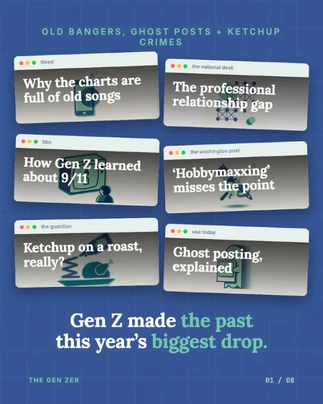 Oasis and MJ are topping charts again, and Gen Z made it happen. Plus: ghost posting, hobbymaxxing, ketchup on a Sunday roast, the networking gap, and how Gen Z learned about 9/11. The week in Gen Z, around the web. Full stories on our Substack — link in bio.