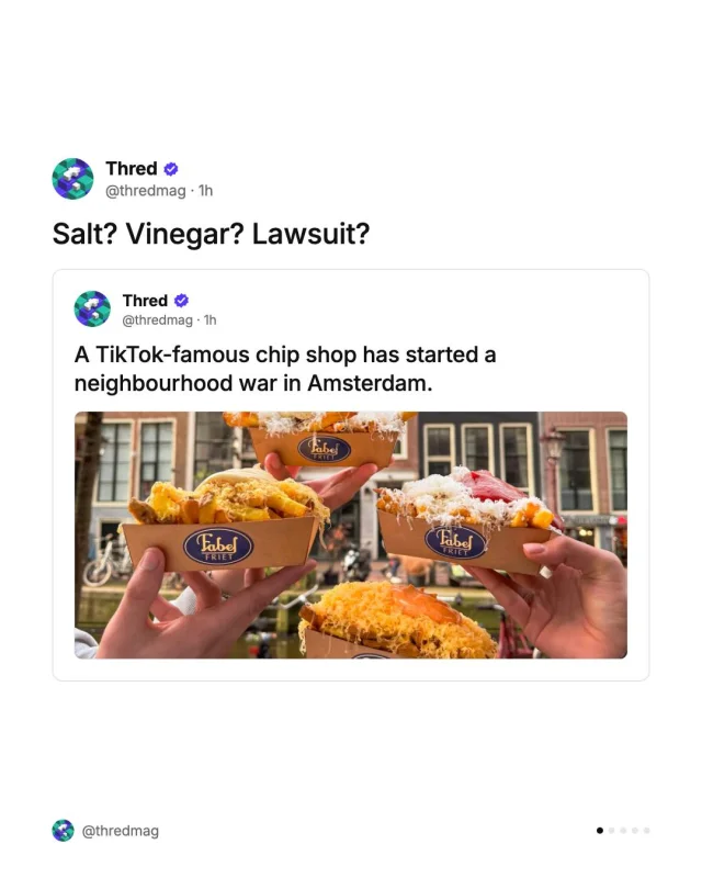 A TikTok-famous chip shop has started a neighbourhood war in Amsterdam. 🍟 Fabel Friet’s viral queues have residents complaining about noise, litter, gulls, rats, and falling property values. Is TikTok reshaping our cities?

@fabelfriet find out more at thred.com

#FabelFriet #Amsterdam #TikTok #ViralUrbanism #Overtourism #TheCommonThred