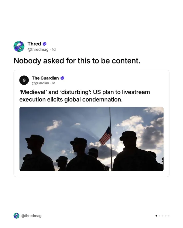 The Pentagon is reportedly planning to livestream the firing-squad execution of Fort Hood shooter Nidal Hasan in December. Rights groups call it ‘medieval’. Punishment doesn’t need a viewing audience.

Full story, link in bio.

#News #US #Pentagon #DeathPenalty #HumanRights