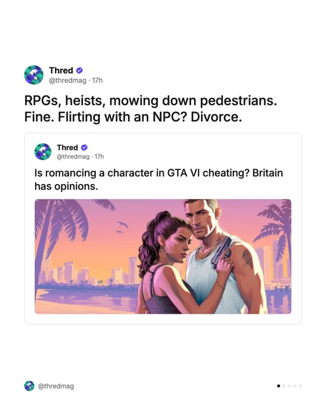 6% of Brits say romancing a GTA VI character counts as cheating, and 19% say it’s not cheating but it’s not OK either. Blowing up a plane is fine, though.

Full story, link in bio.

#GTA6 #GTAVI #Rockstar #Gaming #Relationships #Cheating #YouGov #ViceCity #Gamers #Thred