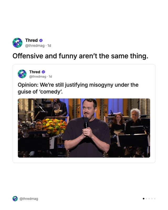 Shane Gillis used his SNL monologue to call women in gym shorts ‘whores’. Comedy can push boundaries, but shock value isn’t a punchline, and audiences can call it cringe.

Full story, link in bio.

#SNL #ShaneGillis #Comedy #Misogyny #Feminism #StandUp #DanLevy #Opinion #Culture #Thred